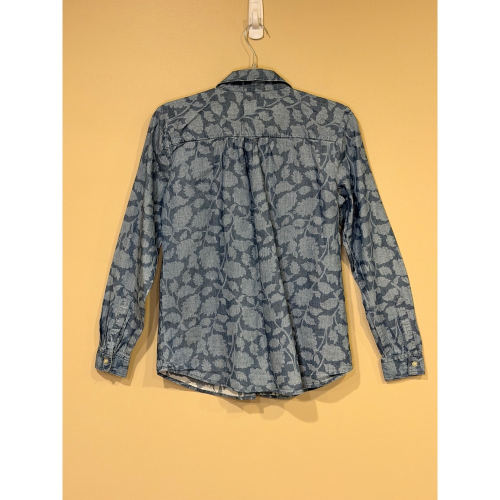 LOFT Women Softened Shirt Blue S‎ Floral Cotton Button Down Long Sleeve Chambray - Picture 5 of 6